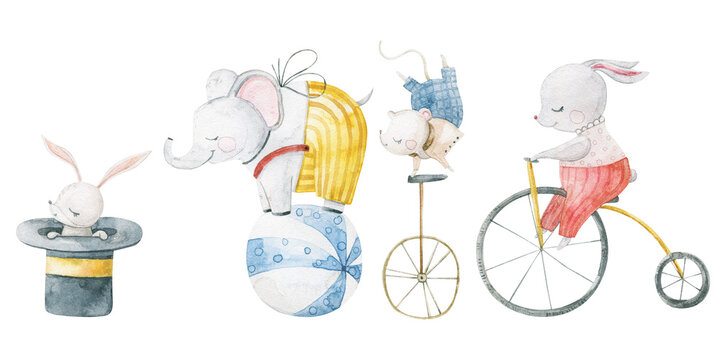 cute childish watercolor illustration with funny characters, baby animals in circus. Kids design, art, decor. Hand painted illustration. Animals juggle on bicycles