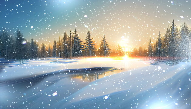 winter forest  pink sunset and frozen lake snow flakes fall,pink sunset on blue sky and on horizon forest natire winter landscape