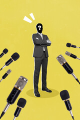 Vertical collage picture of unknown secret person folded arms journalists microphones isolated on...