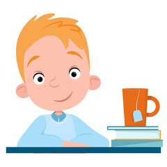 Red-haired boy pupil smiling and side view of a book and a cup