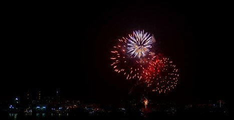 fireworks with colorful lights in the night sky. colorful fireworks. a glowing fireworks show. a beautiful colored night. The concept of meeting the New Year 2023.