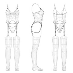 Set with contours of sexy lingerie from black lines isolated on white background. Bra, panties, suspenders, tights. Front, side, back view. 3D. Vector illustration.