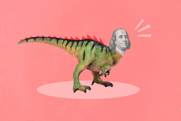 Collage photo of big absurd creature animal dinosaur scream loud headless benjamin franklin isolated on pink color background