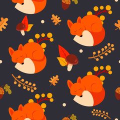 Autumn pattern with a fox on a blue background. Cute background pattern for design. Vector illustration.