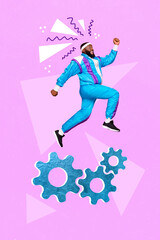 Fototapeta na wymiar Vertical creative photo collage of motivated crazy inspired guy run to get good shape cogwheels isolated on pink color background