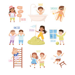 Verbs Study with Little Kids Doing Different Activity Demonstrating Vocabulary Vector Set