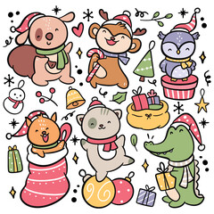 Set of hand drawn cartoon Christmas animal vector illustration