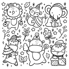 Set of hand drawn cartoon Christmas animal vector illustration