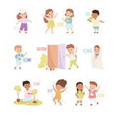 Verbs Study with Little Kids Doing Different Activity Demonstrating Vocabulary Vector Set