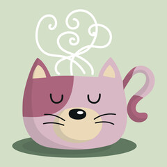 Cute cat cup with hot chocolate, Winter illustration