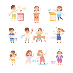 Verbs Study with Little Kids Doing Different Activity Demonstrating Vocabulary Vector Set