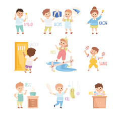 Verbs Study with Little Kids Doing Different Activity Demonstrating Vocabulary Vector Set