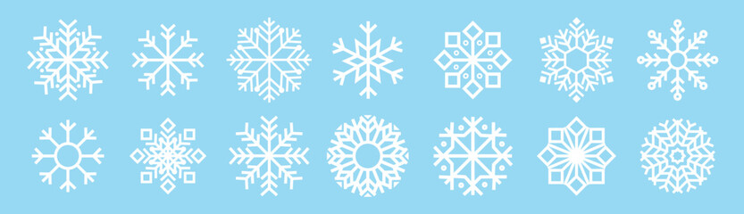 Snowflake variations icon collection. Snow sign. Frost winter background. Snowflakes white ice crystal isolated. Christmas symbol. Vector illustration.