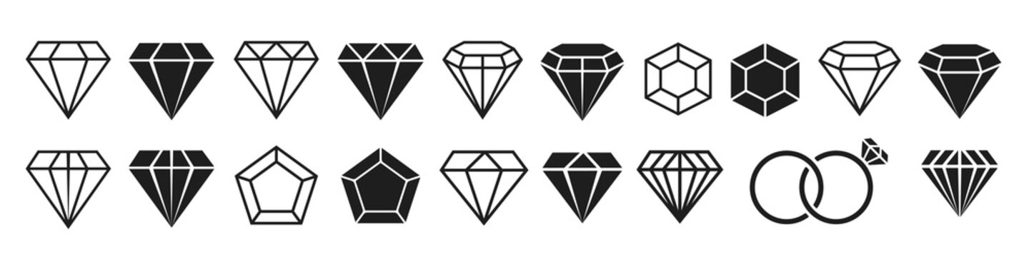 Diamond Icon set. Brilliant jewelry gemstones isolated. Black crystals flat and line shape. Luxury jewelery stones on white background. Vector illustration.