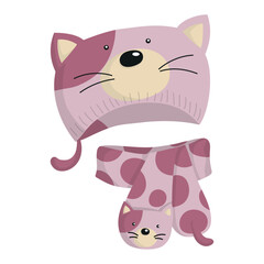 Wool hat and scarf set as a cat, winter illustration, 