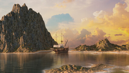 pirate ship in the lagoon among the rocks treasure island. 3d render