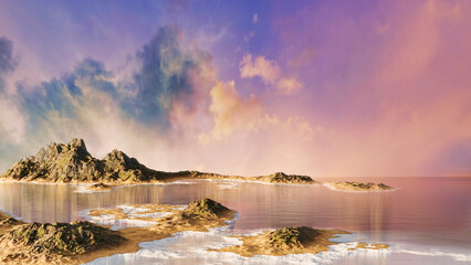 rocky islands in the ocean beautiful landscape with evening, morning sky, 3d render
