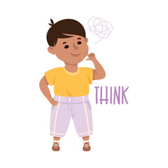 Little Boy Thinking Demonstrating Vocabulary and Verb Studying Vector Illustration