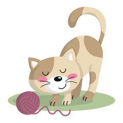 Cute cat playing with a wool ball, illustration