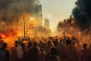 Concept art of riots in an African city. Streets on fire, silhouettes of angry people protesting in a revolution. Wallpaper background showing mob violence and destruction in this digital artwork. - obrazy, fototapety, plakaty