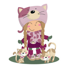Cute girl fan of cats and her pets, illustration