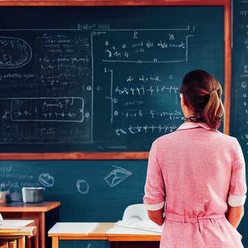 A Female Teacher Stands In Front Of The Blackboard In The Classroom. A Woman Teaches Children Lessons. View Of The Woman From Behind.