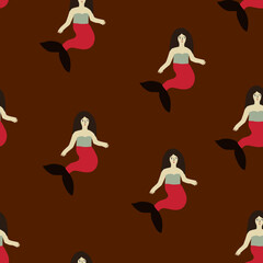 Cute hand-drawn seamless pattern with mermaids on dark brown background in minimalistic style . Cute endless design for fabric, wrap paper or wallpaper.