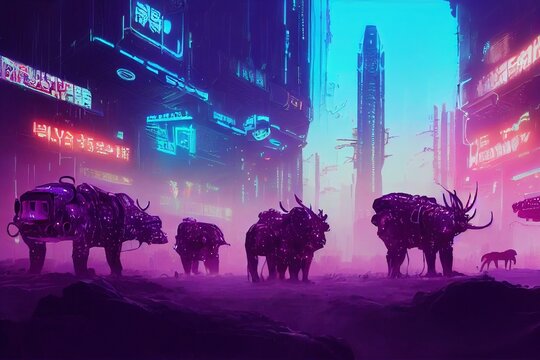 ANIMALS , cyberpunk WILD ANIMALS, neons, cybercity background © X-Poser