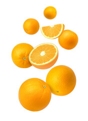 Orange fruit with cut half slice  levitate isolated on white background.