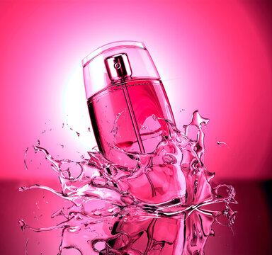 Bottle with product for the skin cosmetic liquid for the face and body Splash and pink background