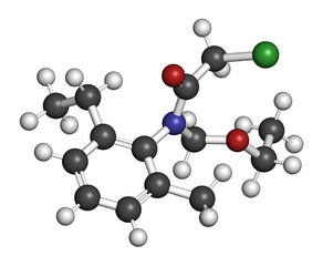 Acetochlor herbicide molecule, 3D rendering.