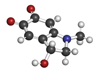 Adrenochrome molecule. Oxidation product of adrenaline, 3D rendering.
