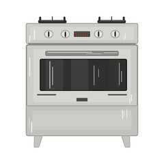 Kitchen stove isolated on white background. Grey gas cooker stove with oven. Household equipment for preparing food, cooking. Cook appliance front view. Stock vector illustration