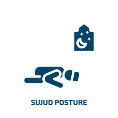 sujud posture icon from religion collection. Filled sujud posture, islamic, arab glyph icons isolated on white background. Black vector sujud posture sign, symbol for web design and mobile apps