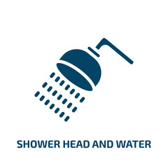 shower head and water icon from religion collection. Filled shower head and water, droplet, hygiene glyph icons isolated on white background. Black vector shower head and water sign, symbol for web