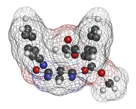 Azoxystrobin fungicide molecule. 3D rendering. Atoms are represented as spheres with conventional color coding.