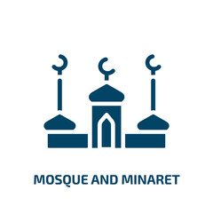 mosque and minaret icon from religion collection. Filled mosque and minaret, religious, mosque glyph icons isolated on white background. Black vector mosque and minaret sign, symbol for web design and