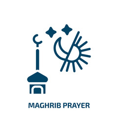 maghrib prayer icon from religion collection. Filled maghrib prayer, muslim, faith glyph icons isolated on white background. Black vector maghrib prayer sign, symbol for web design and mobile apps
