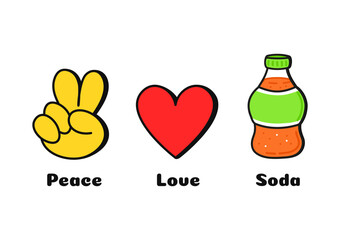 Peace, love, soda concept print for t-shirt.Vector cartoon doodle line graphic illustration logo design. Peace sign, heart, soda print for poster, t-shirt, logo concept