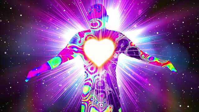 Silhouette of person spreading arms with love light symbol effect on chest