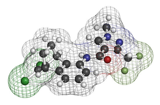 Benzovindiflupyr fungicide molecule, 3D rendering.