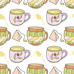 vector seamless pattern on the fun cups for tea and coffee