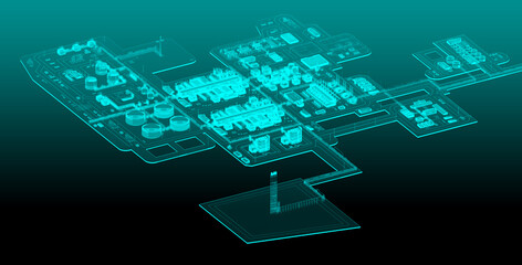 Scheme of the LNG plant in neon tones. 3d-rendering