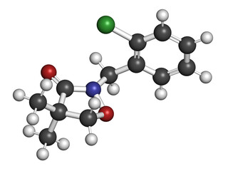 Clomazone herbicide molecule, 3D rendering.