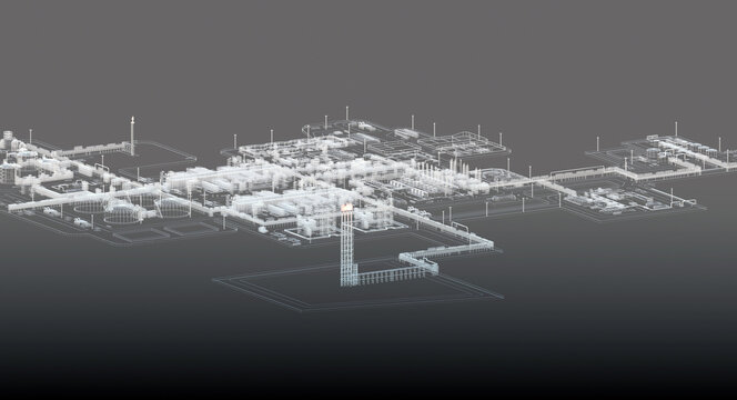 Scheme of the LNG plant in gray tones. 3d-rendering