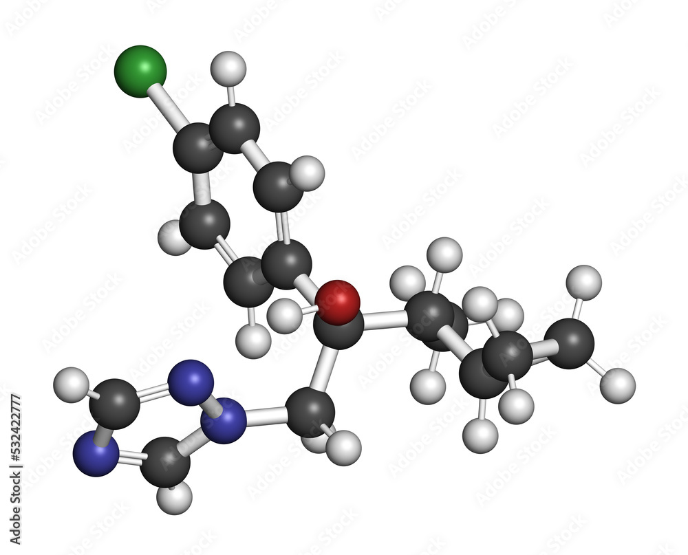 Poster cyproconazole fungicide molecule, 3d rendering.