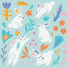 Collection of white rabbits, flowers and leaves in flat vector