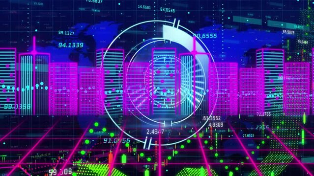 Animation of scope scanning over data processing with digital city on black background