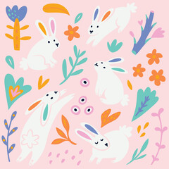 Collection of white rabbits, flowers and leaves in flat vector
