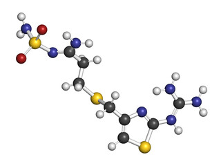 Famotidine drug molecule, 3D rendering.